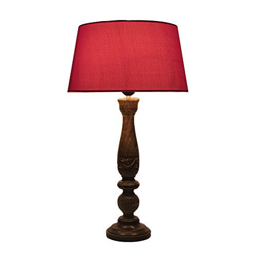 Image of Homesake Handcrafted Wooden Table Lamp for Bedroom & Living Room | Decorative Bedside Reading Lamp with Fabric Shade, E27 Holder | Bulb Included | Black Floral Carved Base for Home Decor, Red Drum