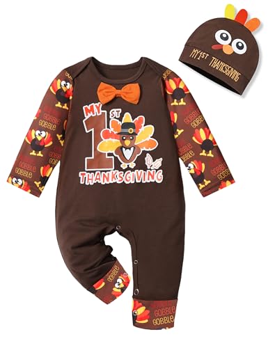 My First Thanksgiving Baby Boy Outfit,Long Sleeve Romper+Suspender Pant+Turkey Hat 3PCS Thanksgiving Baby Boy Clothes