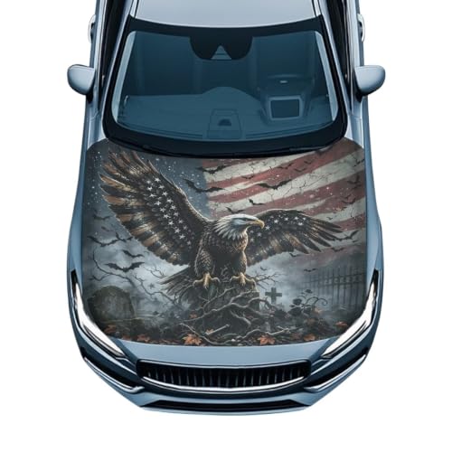 Image of American Flag Eagle Halloween Graveyard Print Car Hood Cover Protector 59x39 Inch Stretchable Auto Hood Wraps Waterproof Halloween Automotive Exterior Accessories for Most SUV Sedans Trucks