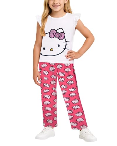 Image of Hello Kitty Girls Legging Set - 2 Piece Short Sleeve Graphic Tee Shirt for Girls and Matching Leggings for Kids Clothing Set