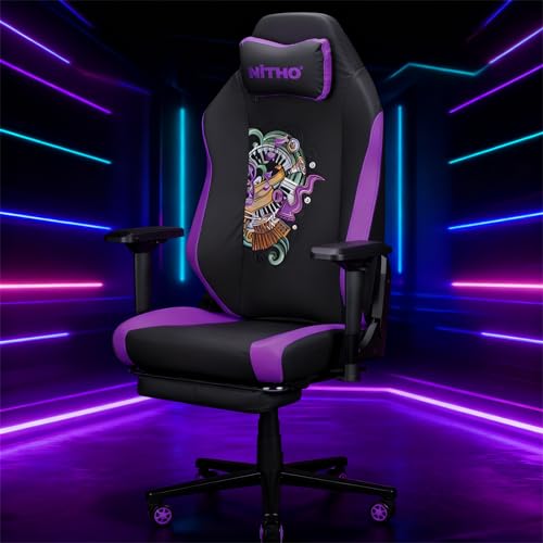 Image of NiTHO FORGE Gaming Office Chair | Ergonomic Reclining Computer Chair with Magnetic Headrest, Foldable Footrest, Adjustable Lumbar Support, 4D Armrests, Swivel Chair for Work or Study, Black & Violet