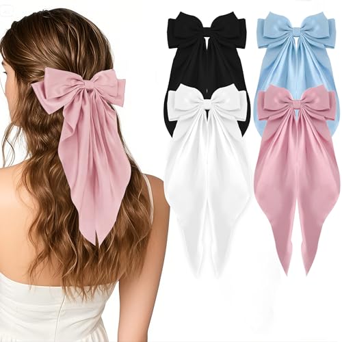 Officentra 4 PCS Big Hair Bows for Women, Silky Satin Hair Bows for Girls,Cute Aesthetic Pink Large Barrettes for Women and Girls