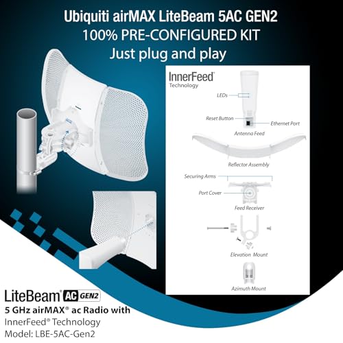 Image of Wireless Bridge LBE-5AC-GEN2 PRE-CONFIGURED Bundle of 2 Ubiquiti LiteBeam 5AC GEN2, 2 Units Kit 100% Configured as Outdoor Point-to-Point Wi-Fi Bridge, Access Point, 450+ Mbps Speed, 15+ km Range,.