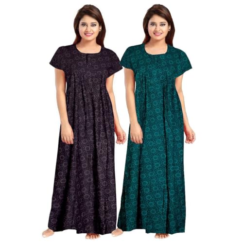 Image of Keyocean Women's Cotton Printed Gown Ankle Length Nighty Free Size (Pack of 2)