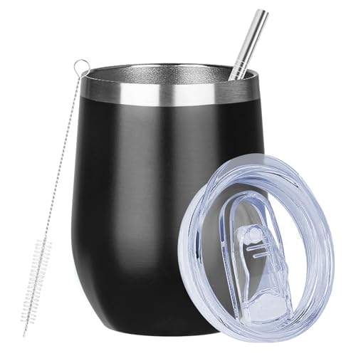 Image of MEZMUT 12 Oz Insulated Wine Tumbler with Lid Double Wall Vacuum Stainless Steel Wine Glass Coffee Mug Insulated Tumbler Cup for Champaign, Cocktail, Beer (Black, 1 Pack)
