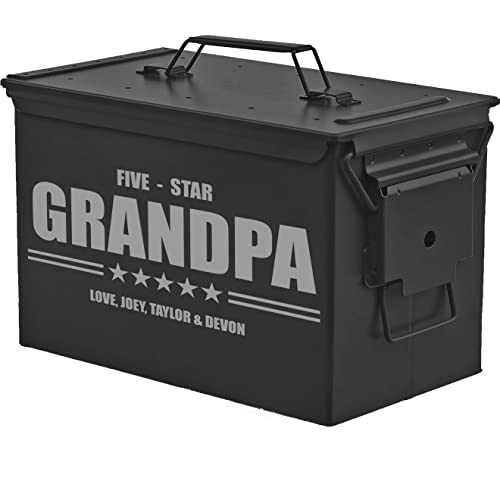 Daylor Custom Engraved Ammo Box Metal Ammunition Case Steel Storage Can Personalized Five Star Grandpa (50 Caliber, Black)