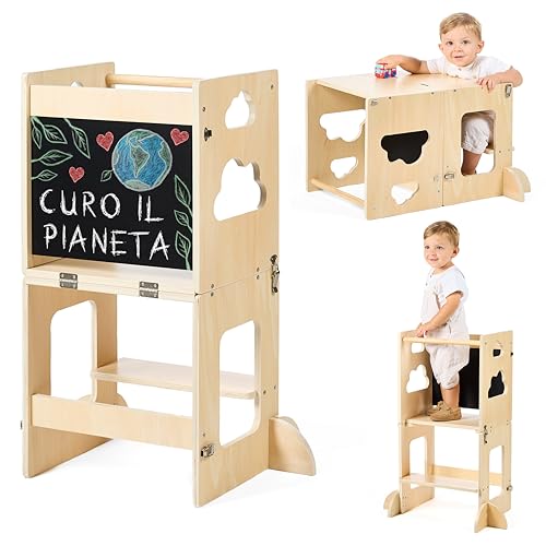 KYWAI® Torre montessoriana bambini – Torretta montessoriana pieghevole 3 in 1 Premium: convertibile in scrivania con lavagna, legno FSC, azienda sostenibile impegnata nella riforestazione, per bambini