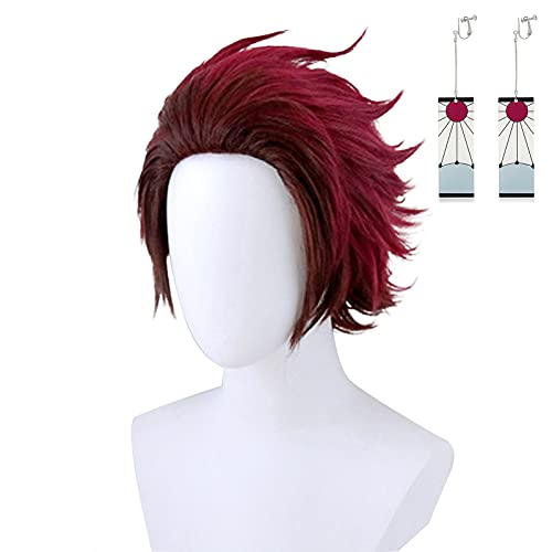 Soyusunny Kamado Tanjirou Cosplay Wig Costume Halloween Wigs for Women Men with Earrings