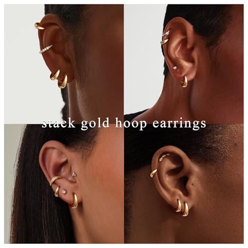 Foxgirl 4 Pairs Small Chunky Huggie Hoop Earrings for Women - Dainty 14K Gold Plated Hypoallergenic Lightweight Stack Earring Sets for Multiple Piercing Trendy Jewelry4