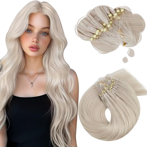 Image of Moresoo Micro Loop Hair Extensions Real Human Hair, White Blonde, 18 Inch | 50g 50 strands, individual strand extensions, cool blonde tone, buildable volume, weekend styling, social events