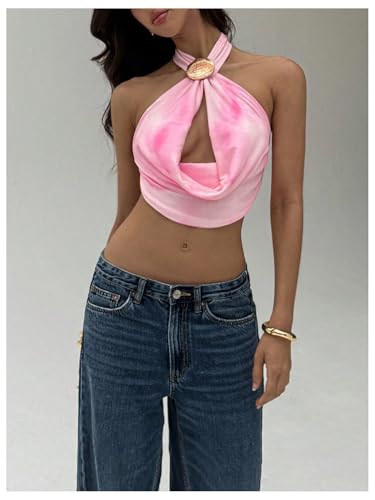 SHENHE Women's Sexy Halter Tops Backless Draped Front Cowl Neck Strapless Shell Crop Rave Tops3