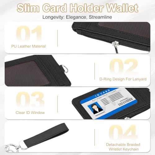 PATIKIL 4.7 x 3.2 x 0.2 Slim PU Leather Card Holder Wallet, 1 Set Small Front Pocket Credit Card Case with Zipper Coin Wallets, ID Window & Keychain Wristlet for Women Men, Black3