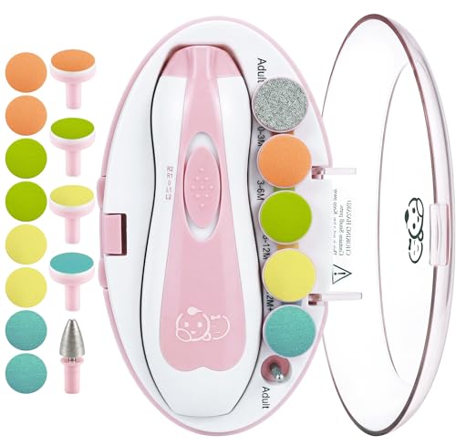 Image of Royal Angels Upgraded 21 in 1 Baby Nail Trimmer with Labeled Case, 13 Extra Replacement Pads, Safe Electric Baby Nail File Kit for Newborns & Toddlers, Whisper Quiet Nail Clipper with LED Light (Pink)