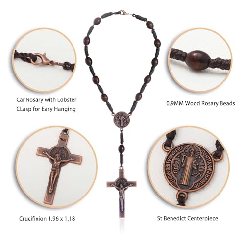 KOMI 2 PCS Wood Rosary Beads for Car Rearview Mirror, Handmade Wooden Rosary with St Benedict Medal and Crucifix Cross Car Rosaries Catholic Gifts3