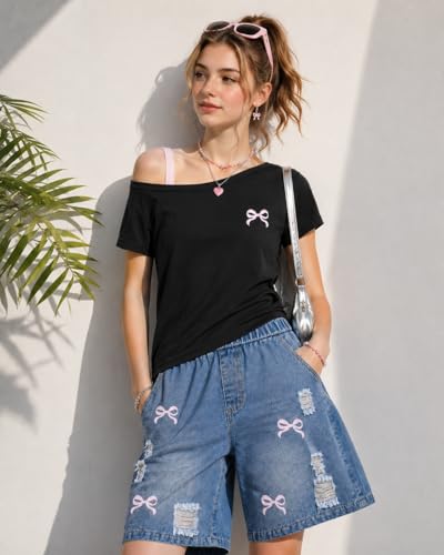 Image of Azmxynol Tween Girl Clothes Summer 2 Piece Outfit Set Trendy Tee Shirt + Denim Shorts, Size 7-16 Years