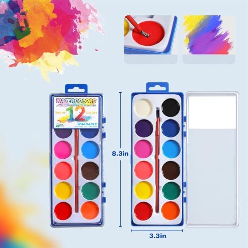 2026 New 24 Packs Watercolor Paint Set Bulk, 12 Vibrant Colors Washable Watercolors with Brushes for Kids, Art Activities Painting Supplies for School Classroom Home — view 2