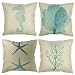 Luxbon Set of 4 Pcs Nautical Decor Seaside Themed Cotton Linen Light Green Seahorse Coral Starfish Seaweed Throw Pillow Cases Sofa Couch Chair Decorative Cushion Covers 18"x18"/45x45cm