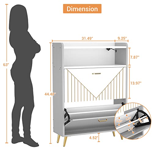 Aheaplus Shoe Cabinet With Flip Doors, Shoes Storage Organizer With Motion Sensor Led Light, Entryway Wood Freestanding Tipping Bucket Shoe Rack With Open Shelves For Closet,Living Room, Grey&White #TOP2