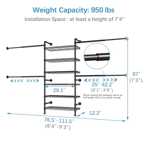 Timate-P3-Closet-System-Expandable-Wall-Mounted-Closet-System-with-6-Adjustable-Shelves-4-Expandable-Hanger-Rods-Industrial-Pipe-Clothing-Rack-for-Hanging-Clothes-Fits-Spaces-64-93-Black Timate P3 Closet System Expandable Wall Mounted Closet System with 6 Adjustable Shelves 4 Expandable Hanger Rods Industrial Pipe Clothing Rack for Hanging Clothes Fits Spaces 64 93 Black
