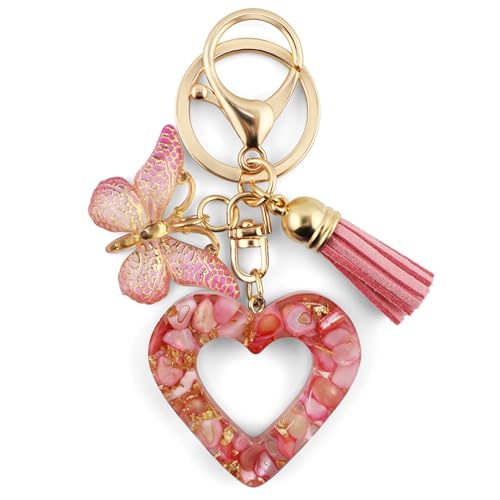 MyfavoriteK Fashion Heart Keychain Tassel Butterfly Pendant Key Ring for Purse Handbags Women Girl (Pink)
