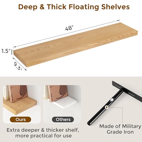 Fun Memories Floating Shelves 48 Inch Long, 9.3 Inch Deep Wall Shelf for Fireplace Mantel, Rustic Farmhouse Wooden Shelves for Wall Decor Bathroom, Kitchen, Office, Oak Color, Set of 1 - Image 4