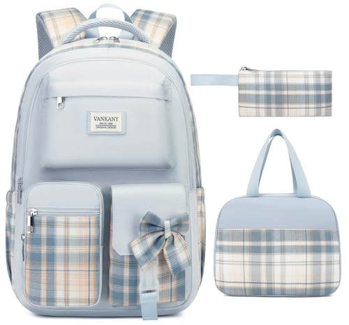 Image of Teen Girl School Backpack with Lunch Box, Cute Bookbag with Laptop Compartment for Big Student Women College Mochilas Escolares para Ninas, Blue