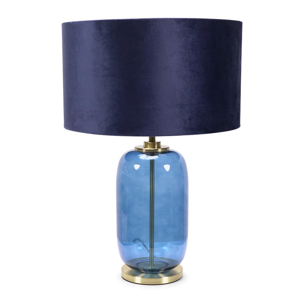 B&Q -  Leigh Navy Blue Glass And Gold Detail Table Lamp With Velvet Drum Shade LightLed Bulb Included