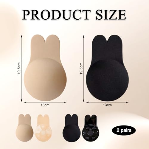 2 Pairs Invisible Lift Up Bra,Push Up Adhesive Bras,Rabbit Ears Sticky for Large Breasts,Reusable Breast Covers for Strapless Dress Lift,for Different Outfits and Occasions (Black,Skin Color)2