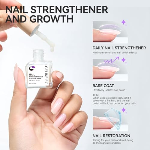 Image of Nail Ridge Filler For Damaged Nails: Gelike ec 8 in 1 Nail Strengthener for Thin Nails and Growth - Protein Nail Ridge Filler with Top Coat Free