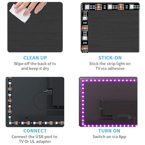 Romwish TV LED Backlights 4.5M, LED Strip Lights with Bluetooth APP Control for 50-65 inch TV, 16 Million Colors, Music Sync Color Changing + Sensitive Mic + Timing Function, Adapter USB Powered