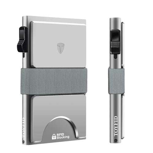 TOYFID Carteira masculina fina para homens, carteira pop-up minimalista, carteira de metal, bloqueio de RFID com placa traseira expansível e faixa para dinheiro, comporta mais de 12 cartões e dinheiro