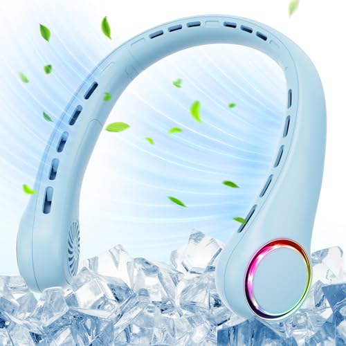 Neck Fan - 360° Cooling Portable Fan with LED Light, Super Quiet Wearable Personal Fan, Summer Essentials & Must Haves Travel Fan for Home Office Travel Beach, Gifts for Men Women Light Blue