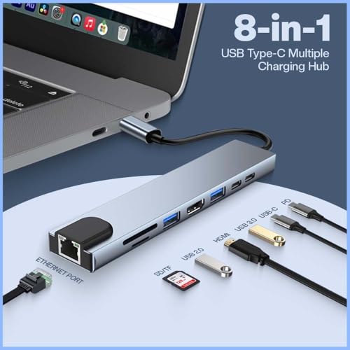 Image of UNIGEN 8 in 1 USB Type-C HUB Adapter with 4K HDMI, 100W PD, USB C Port, USB 3.0, RJ45 Ethernet, SD /TF Card Reader, Docking Station Compatible with MacBook Pro /Air Laptops and Other Devices