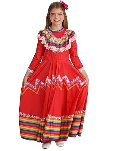 Eandarui Girls Mexican Traditional Vintage Costume Carnival Party Performance Dance Dress with Hair Clip Red 5-6 Years