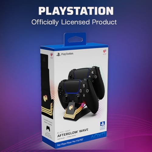 Image of PDP Afterglow Wave LED Dual Gaming Charger for 2 PlayStation 5 DualSense Controllers, Compatible with PS5 and PS4, Customizable RGB Lighting Effects - Black