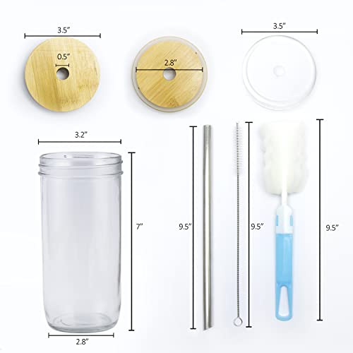 [Pack Of 4] Mason Jar Glass Cups With Lids And Straws 24 Oz, Smoothie Boba Cup With Bamboo Lids, Reusable Glass Iced Coffee Cups, Wide Mouth Bubble Tea Cup, Leak Proof Glass Tumbler Drinking Cups #TOP1