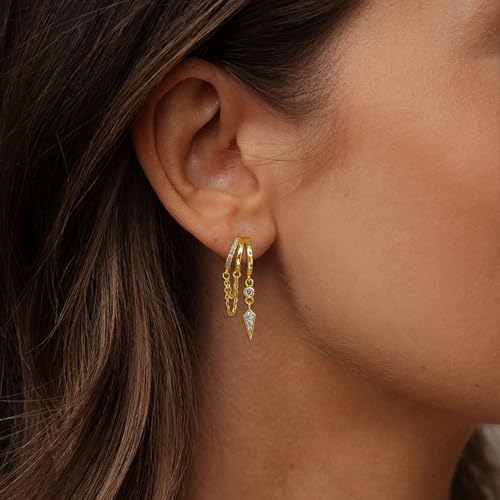 Dangle Earrings for Women,14k Gold Plated Triple Huggie Stud Earrings Cute Statement Chain Earring Dainty Drop Earrings for Women Trendy Gold Jewelry4