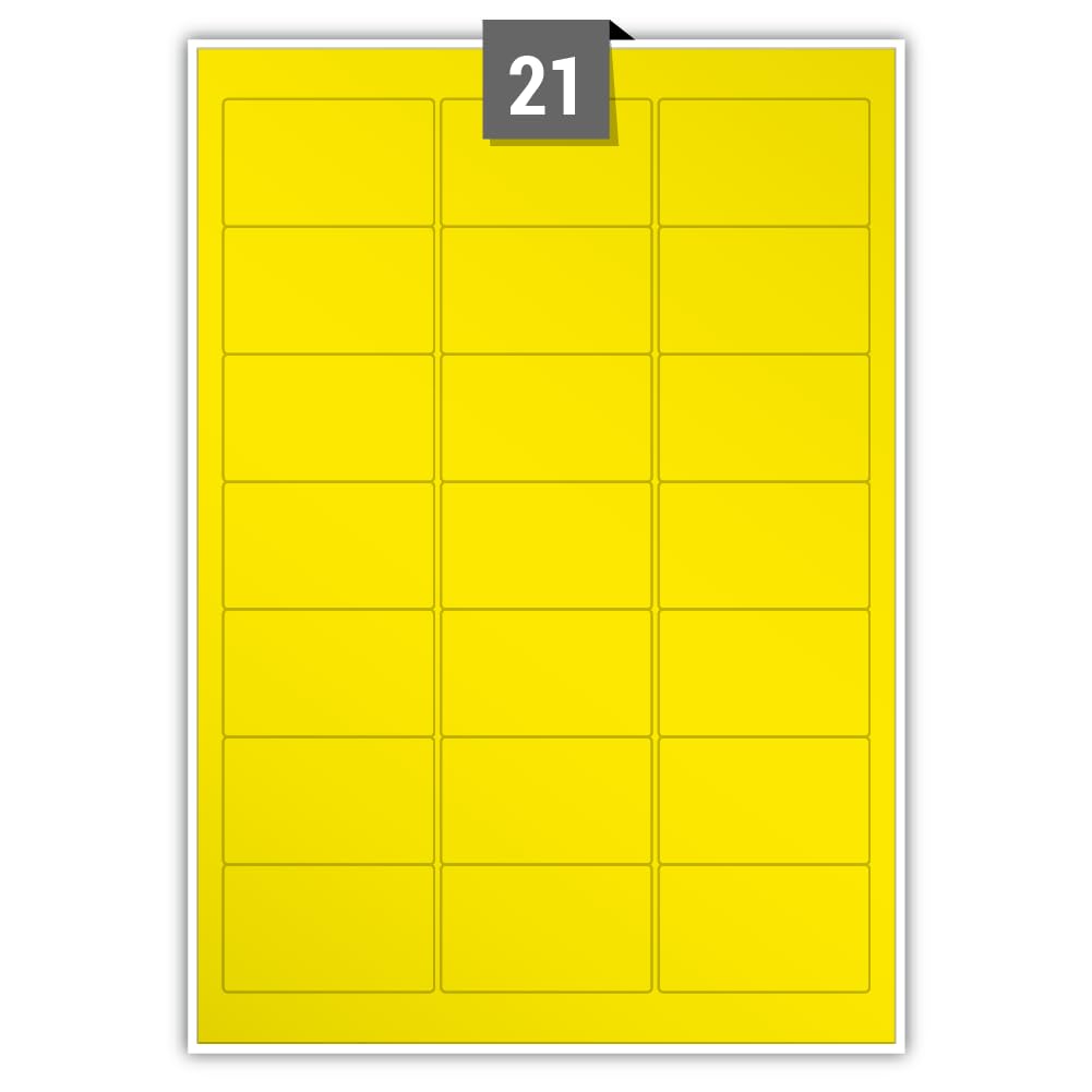 Gloss Permanent Adhesive Dry Edge Yellow Paper Labels 21 Rectangle Printable Labels per A4 Plain Sheet – Label Paper Size 63.50 mm x 38.10 mm Ideal for Office, Packaging, Shipping