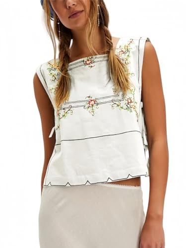 Womens Side Tie Tank Tops Summer Floral Embroidered Sleeveless Square Neck Boho Babydoll Casual Camisole Shirt