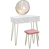 EUGAD Juego Mesa de Tocador con Taburete Acolchado de Terciopel y Espejo Giratorio 360 ° Tocador Moderno Escritorio con Espejo Mesa de Maquillaje con 3 Cajones Madera+Metal, Blanco+Oro 0042SZT