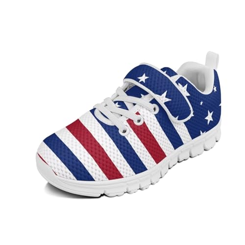 Kids Shoes Little Kid Boys Girls Athletic Running Sports Strap Sneakers for Little Kid/Big Kid Classic America Flag Star Pattern（White Sole）