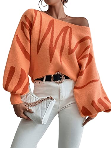Sweatyrocks Women's Casual Graphic Print Lantern Sleeve Top Boat Neck Oversized Pullover Sweater Orange M #TOP2