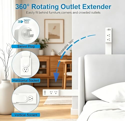 Extensión eléctrica con 6 tomas y 3 puertos USB, rotativa 360°, para dormitorio, sala u oficina miniatura 4