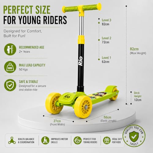 Image of MiniExplorer Rio Kids Kick Scooter for Boys & Girls 3-12 Years - Green | Adjustable Height Foldable Scooter with Rear Brake & Anti-Slip Deck | 3 Wheel /2 Wheel Outdoor Scooter for Kids