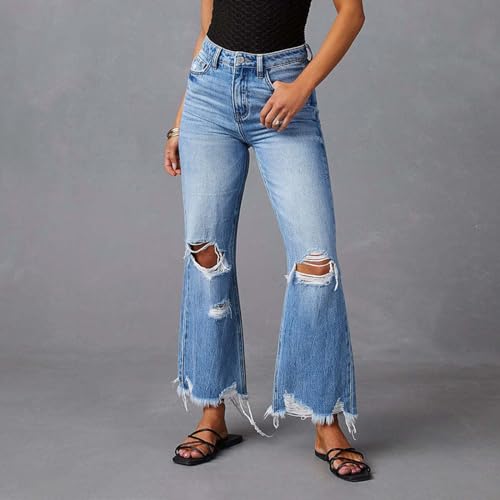 cffvdiz Women's Ripped Bell Bottom Jeans High-Rise Distressed Raw Edge Hem Boyfriend Wide Leg Denim Pants2