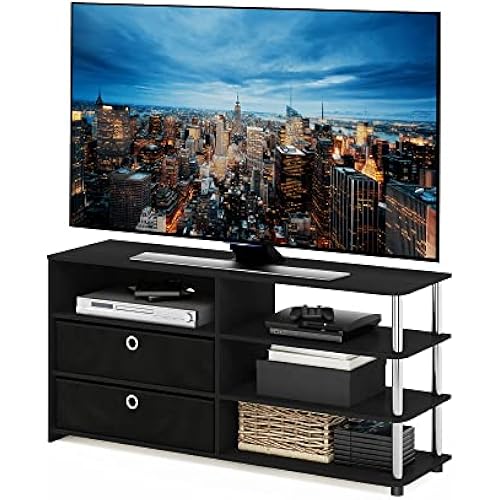 Furinno JAYA Simple Design TV Stand for up to 55-Inch with Bins, Americano, Stainless Steel Tubes