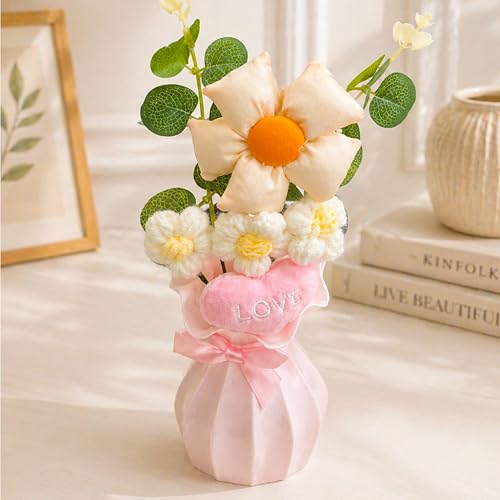 Image of Art Street Handmade Crochet Flower Vase with Love Heart Cushion | Artificial Knitted Flowers & Fabric Daisy with Green Leaves | Decorative Pink Vase with Ribbon for Birthday, Anniversary, Valentine