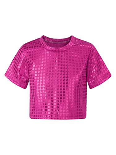 JanJean Girls Boys Metallic Sequin Short Sleeve Tank Top Performance Tee Shirts for Hip Hop Jazz Streetwear Dancewear Hot Pink 3-4 Years