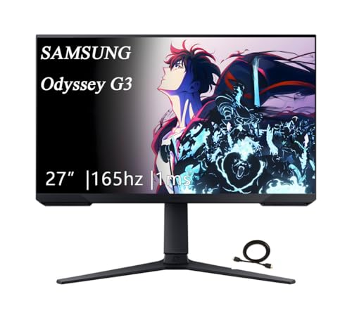 Image of Samsung 27 inch Odyssey G3 Series FHD Gaming Monitor, 165Hz, 1ms, VESA Mount Capability, Eye Saver Mode, FreeSync Premium,Height Adjustable Screen, Black, with GSF HDMI Cable