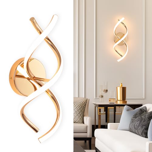 EIDISUNY Wall Lamp LED Gold Modern Elegant Spiral Indoor Wall Lights for Bedside Bedroom Living Room Hallway Wall Lighting Fixture Warm White Light 24W